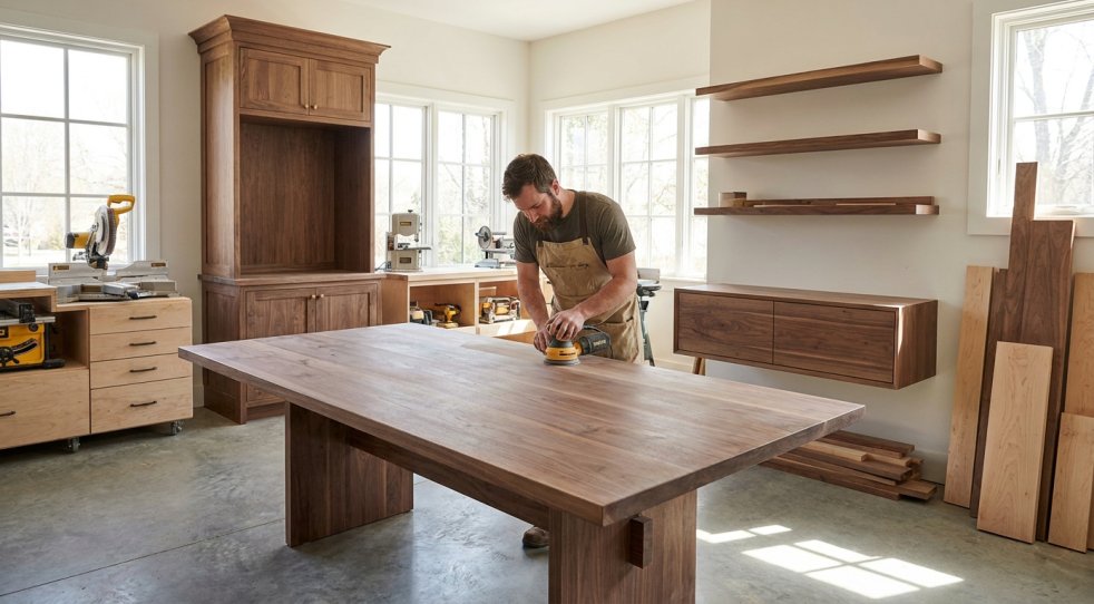 Woodworker sanding a custom wooden table in a workshop with cabinets, shelves, and tools